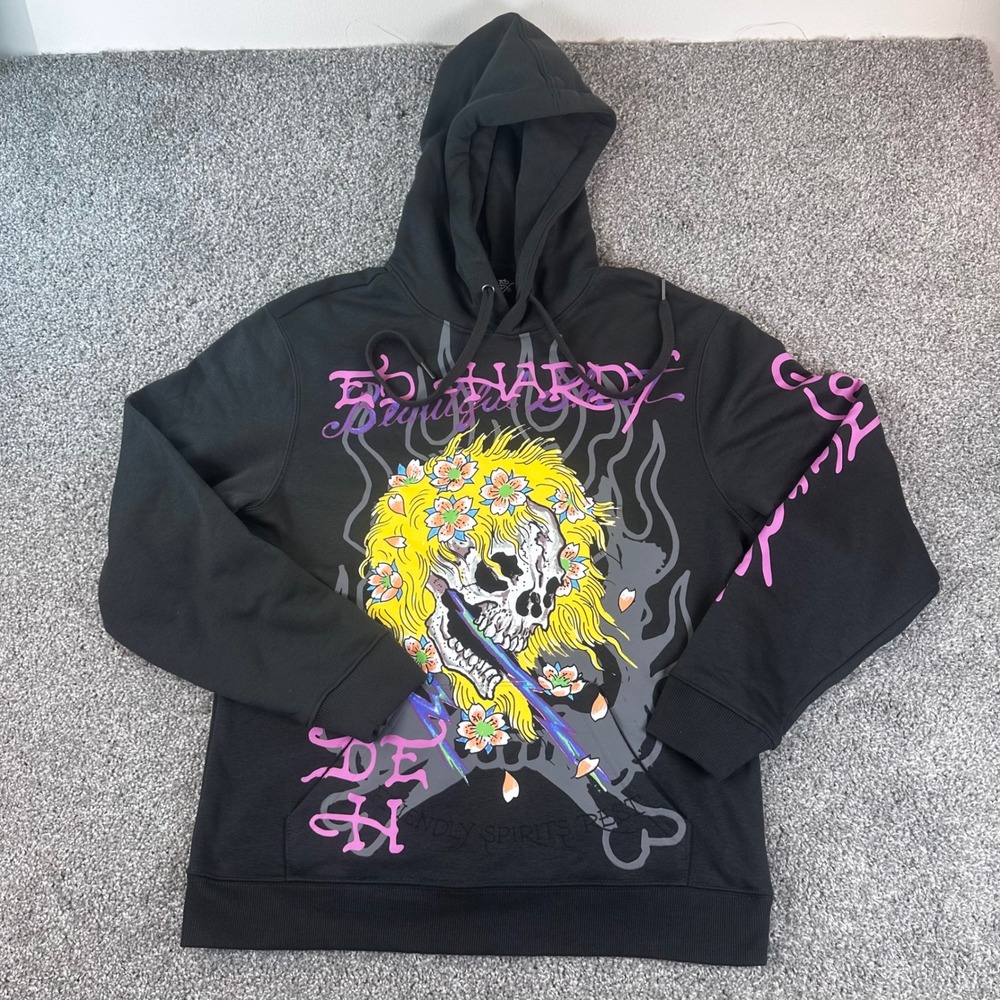 Ed Hardy Hoodie Mens Large Black Skull Cherry Blossom Graphic Tattoo Art NWT